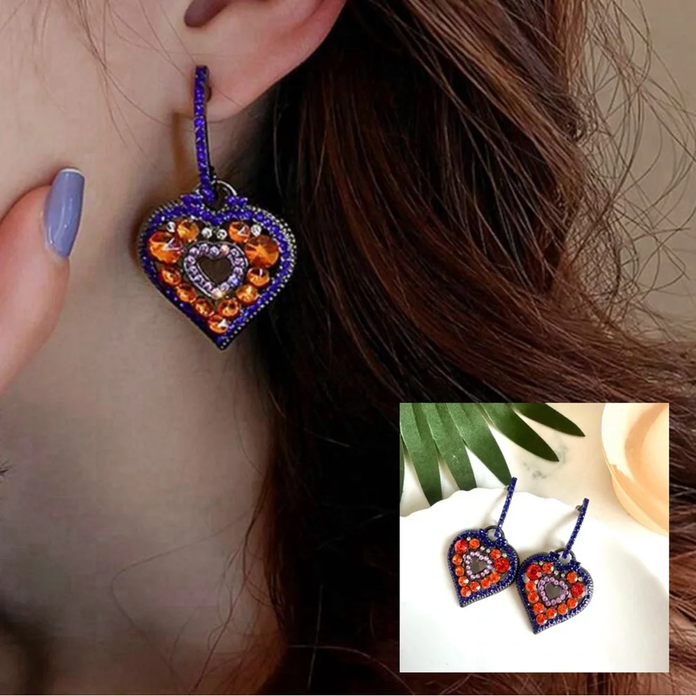 2/$30🌵 Rhinestone Heart Earrings Blue Orange Pink Sparkle Jewelry Gift Boho NEW